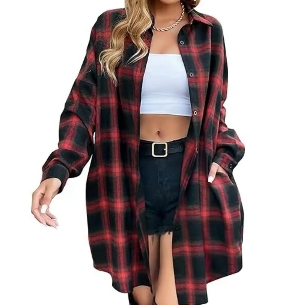Blooming Jelly Button-Up Shirt Flannel Jacket Red and Black NEW L Large Dress